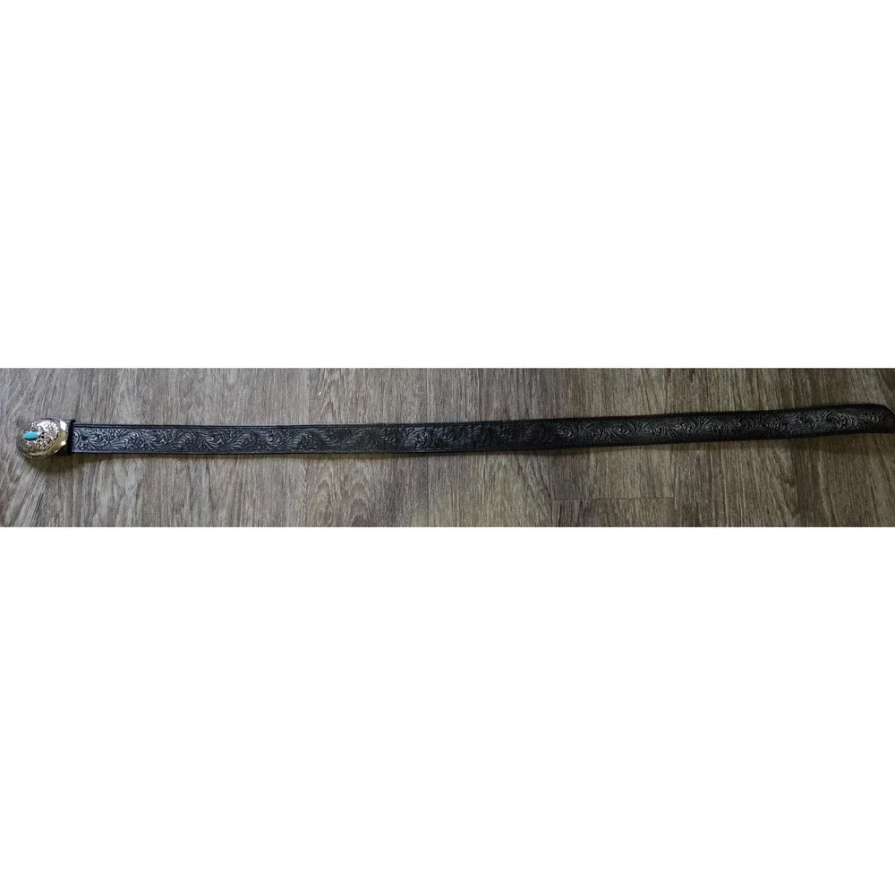 Tony Lama Mens 38 Black Top Grain Leather Floral Belt Silver Turquoise Buckle